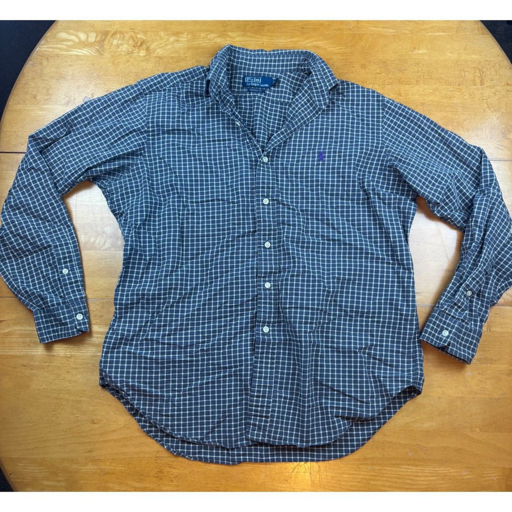 Polo Ralph Lauren‎ Mens XL Classic Fit Button Down Shirt Navy Blue Check Cotton